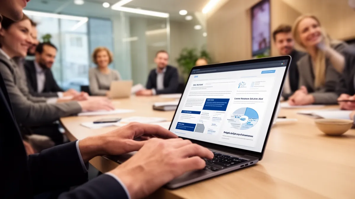 Réunion d'affaires avec présentation sur ordinateur portable.