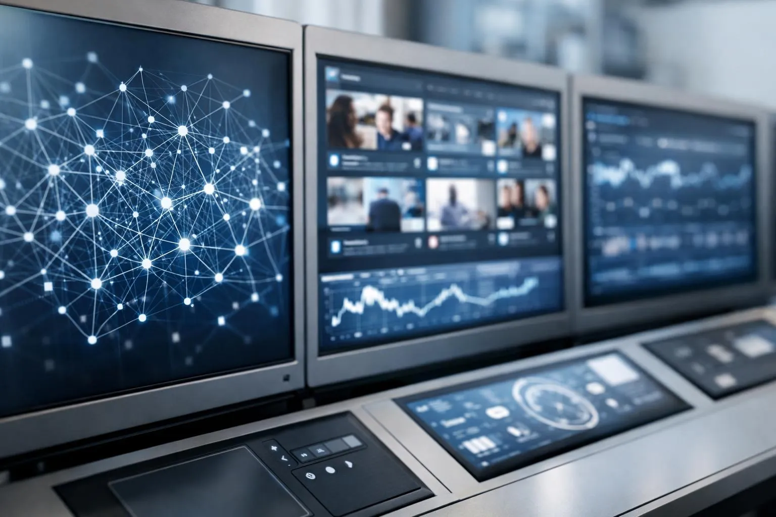 Écrans affichant des données et graphiques complexes sur l'intelligence artificielle et l'analyse de données.