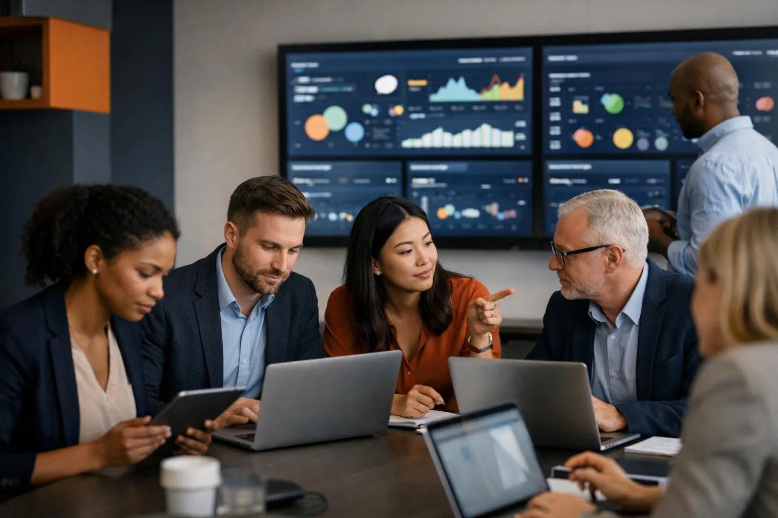 Équipe marketing professionnelle surveillant des tableaux de bord de médias sociaux affichant les mentions de marque et l'analyse de sentiment en temps réel sur de grands écrans dans un bureau d'entreprise moderne, professionnels divers analysant les données sur des tablettes et des ordinateurs portables, éclairage ambiant, atmosph