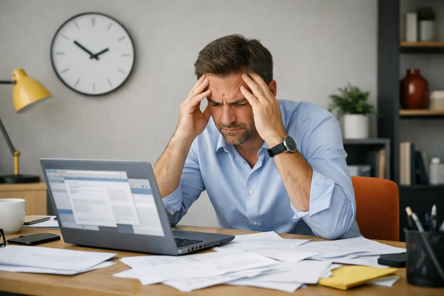 Homme d'affaires stressé, travaillant tard dans la nuit sur son ordinateur portable.
