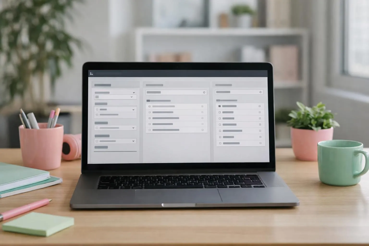 Ordinateur portable sur un bureau avec des accessoires de bureau.