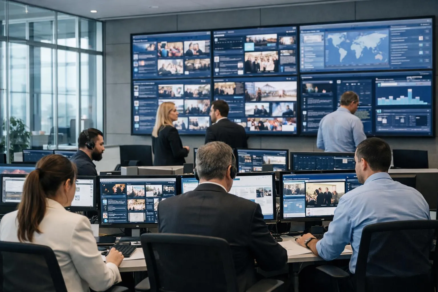 Équipe de professionnels analysant des données sur des écrans dans un bureau moderne.