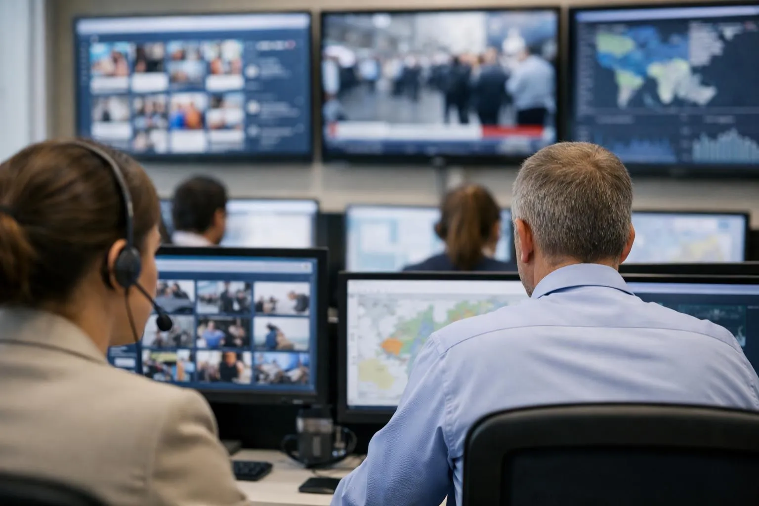 Employés dans un centre de surveillance vidéo, analysant des écrans multiples.