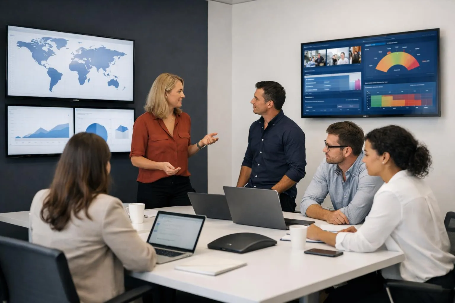 Réunion d'équipe dans un bureau moderne avec écrans de données.