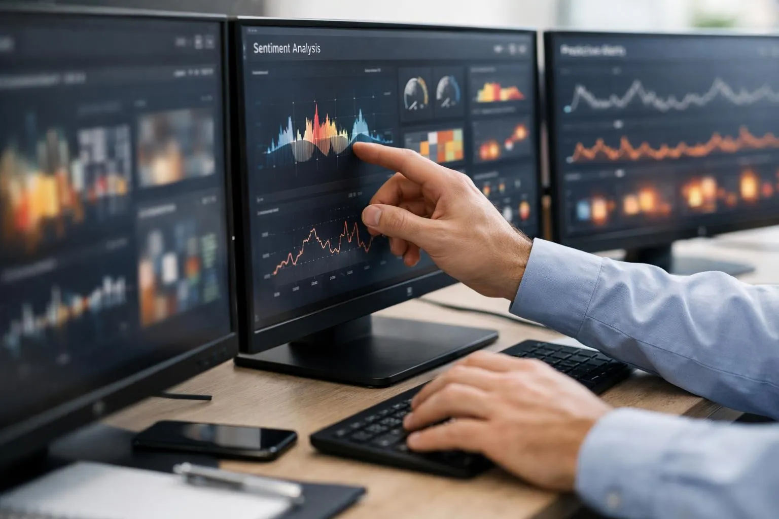 Analyse de sentiment sur plusieurs écrans d'ordinateur.