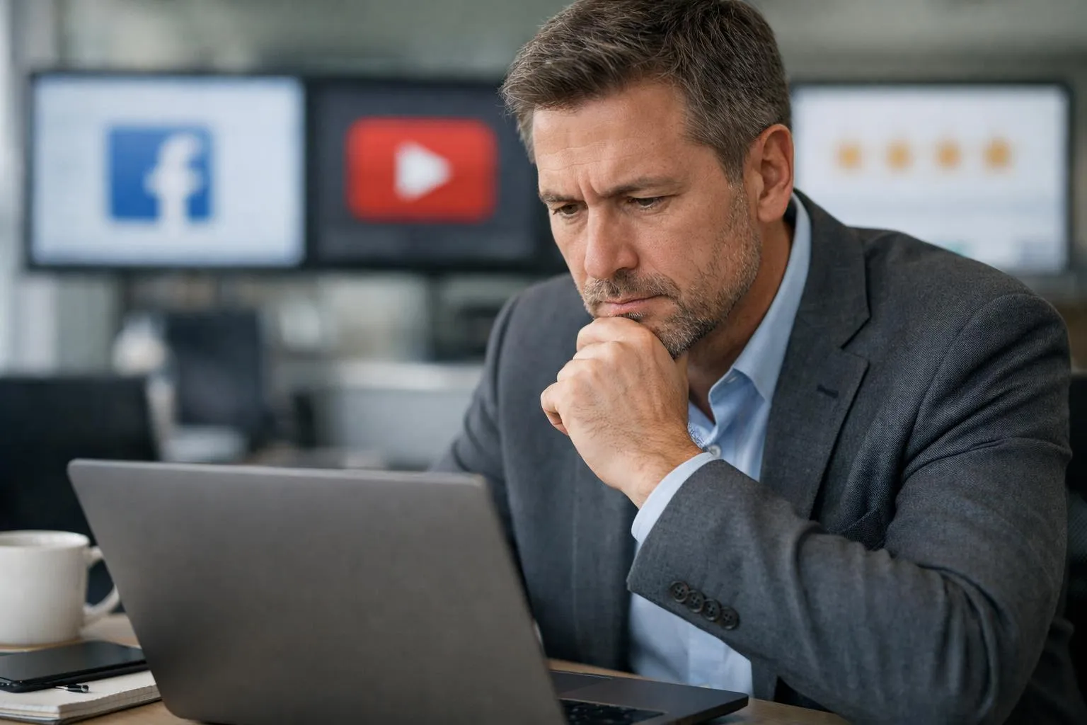 Homme d'affaires concentré travaillant sur ordinateur portable dans un bureau.