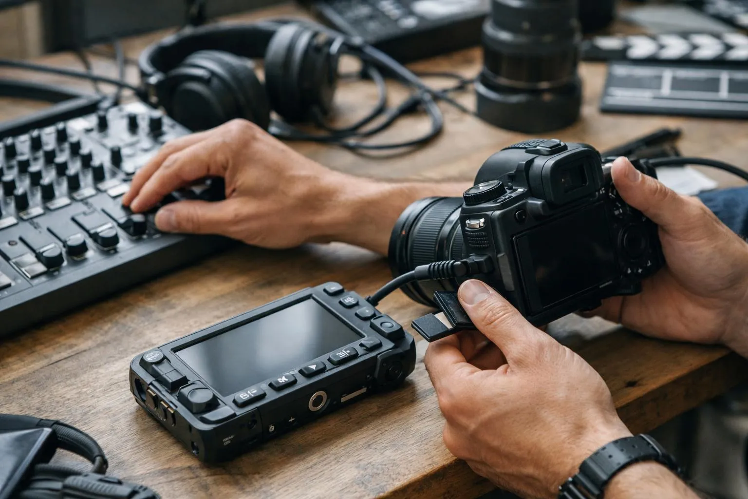 Équipement de production vidéo et audio sur un bureau en bois.