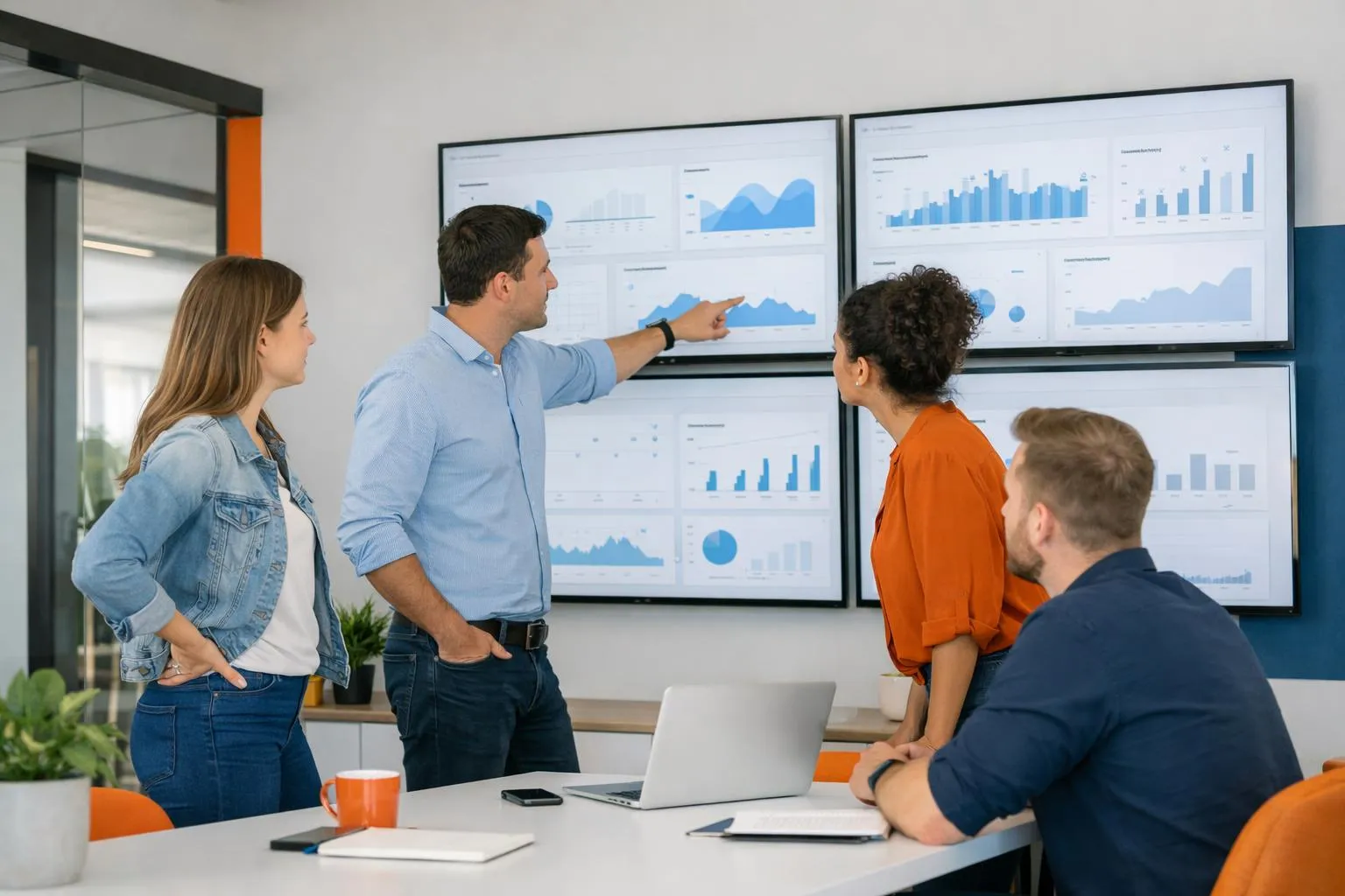 Des professionnels du marketing surveillent en temps réel les conversations sur les réseaux sociaux sur de grands écrans muraux affichant des flux de données et des tableaux de bord d'analyse dans un espace de travail contemporain, captant l'urgence de la gestion de la réputation de la marque.