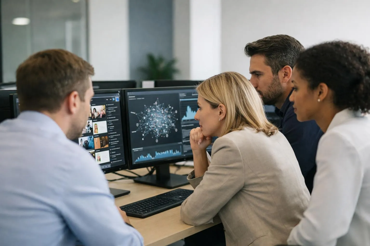 Équipe de professionnels analysant des données visuelles sur des écrans d'ordinateur.