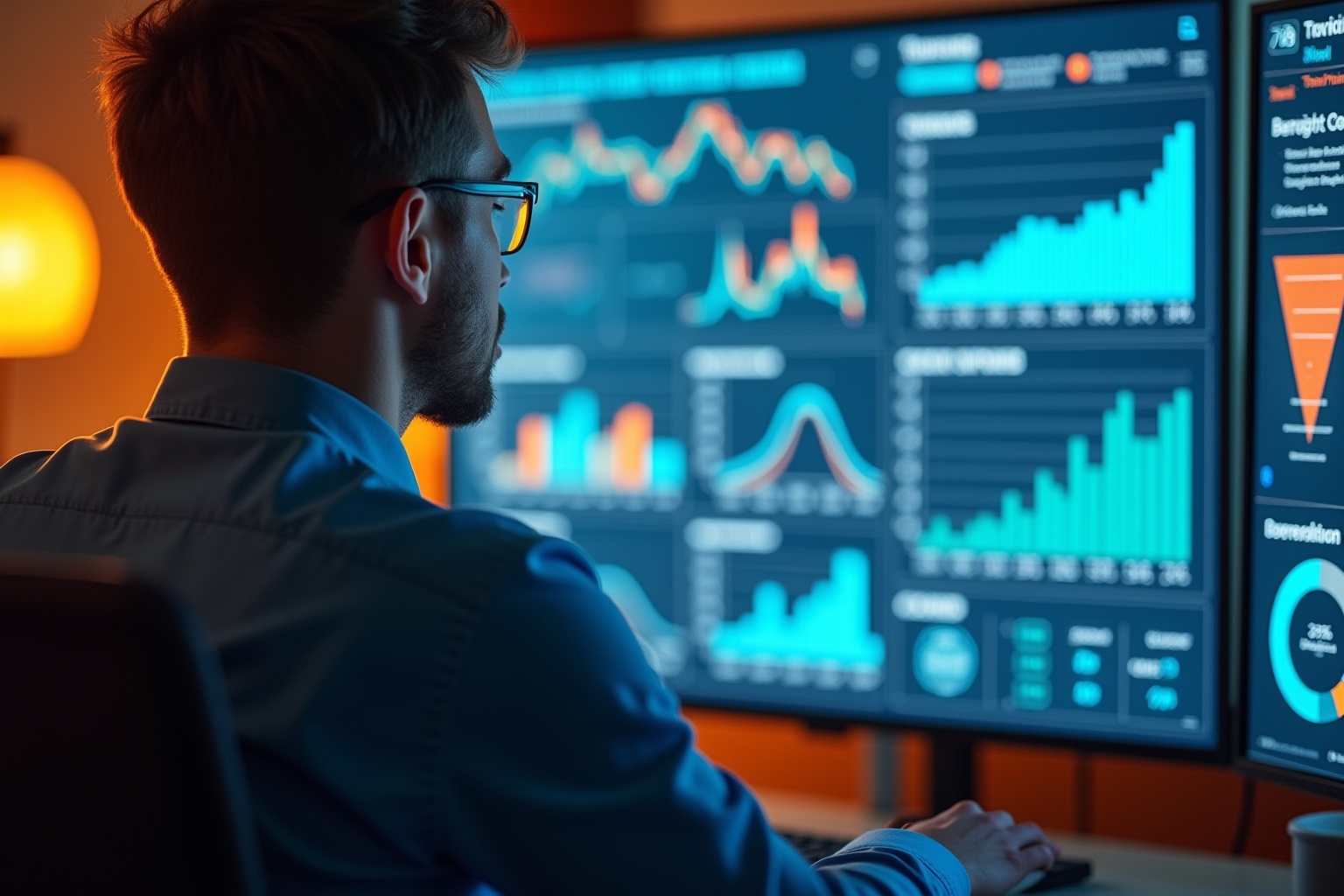 Homme analysant des graphiques financiers sur un écran d'ordinateur.
