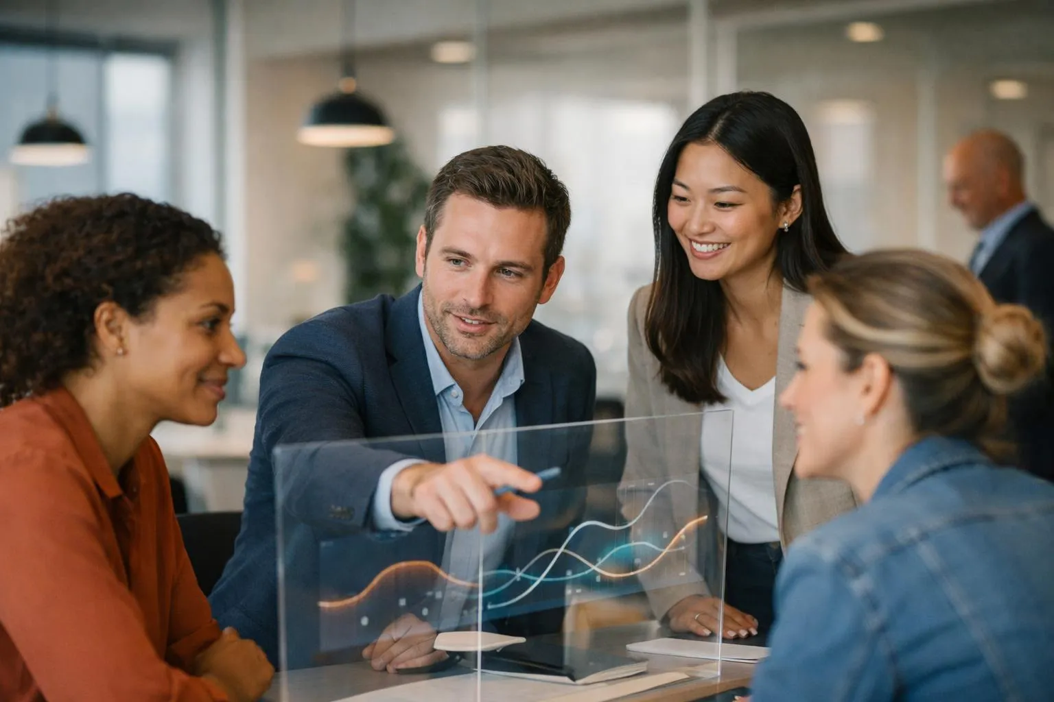 Groupe de professionnels discutant autour d'un écran tactile dans un bureau moderne.