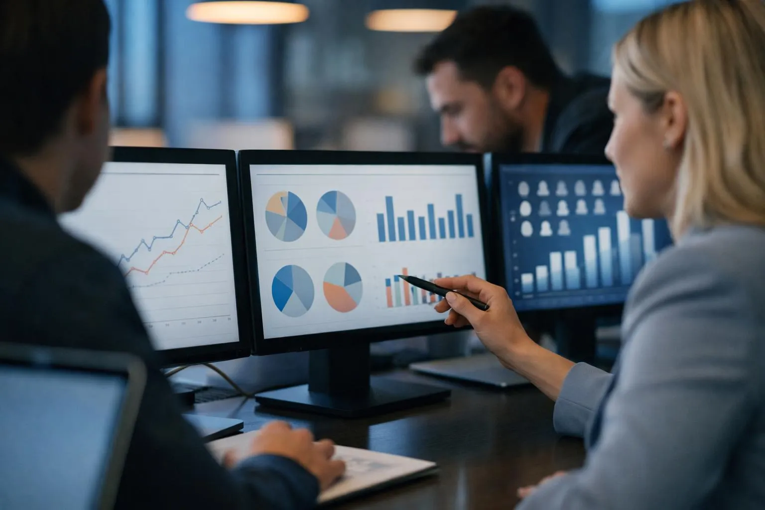 Analyse de données financières par des professionnels dans un bureau.