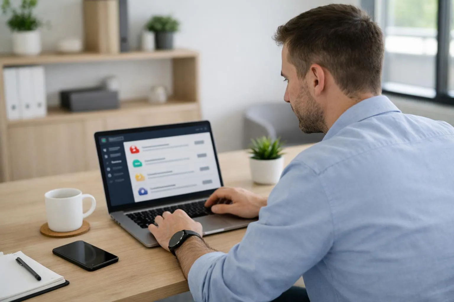 Small business marketing professional reviewing real-time brand mention alerts on modern laptop dashboard in contemporary office workspace with natural lighting and minimalist decor, showing accessible monitoring tools interface