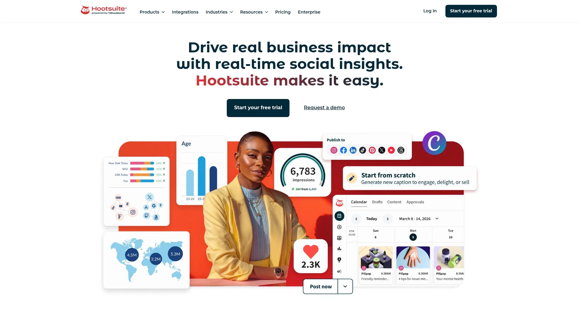 Femme souriante dans un environnement professionnel avec des statistiques et des outils de médias sociaux.