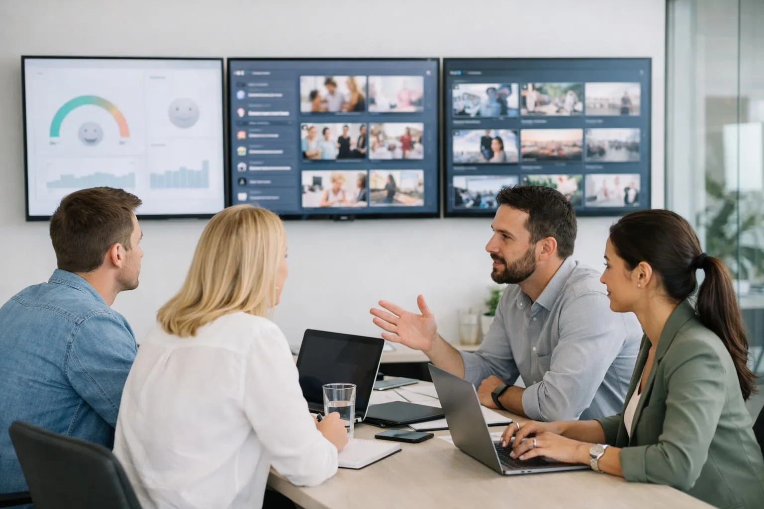 Équipe de professionnels discutant devant des écrans d'ordinateur et de télévision.