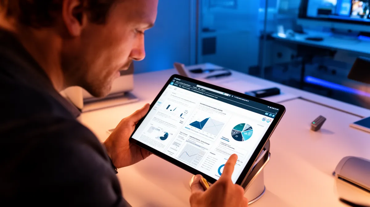 Homme analysant des données financières sur une tablette numérique dans un bureau sombre.