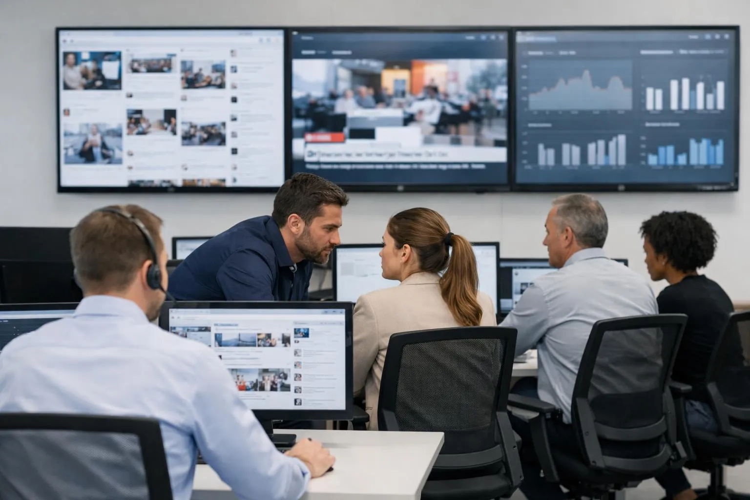 Équipe d'entreprise analysant des données et des graphiques sur des écrans.