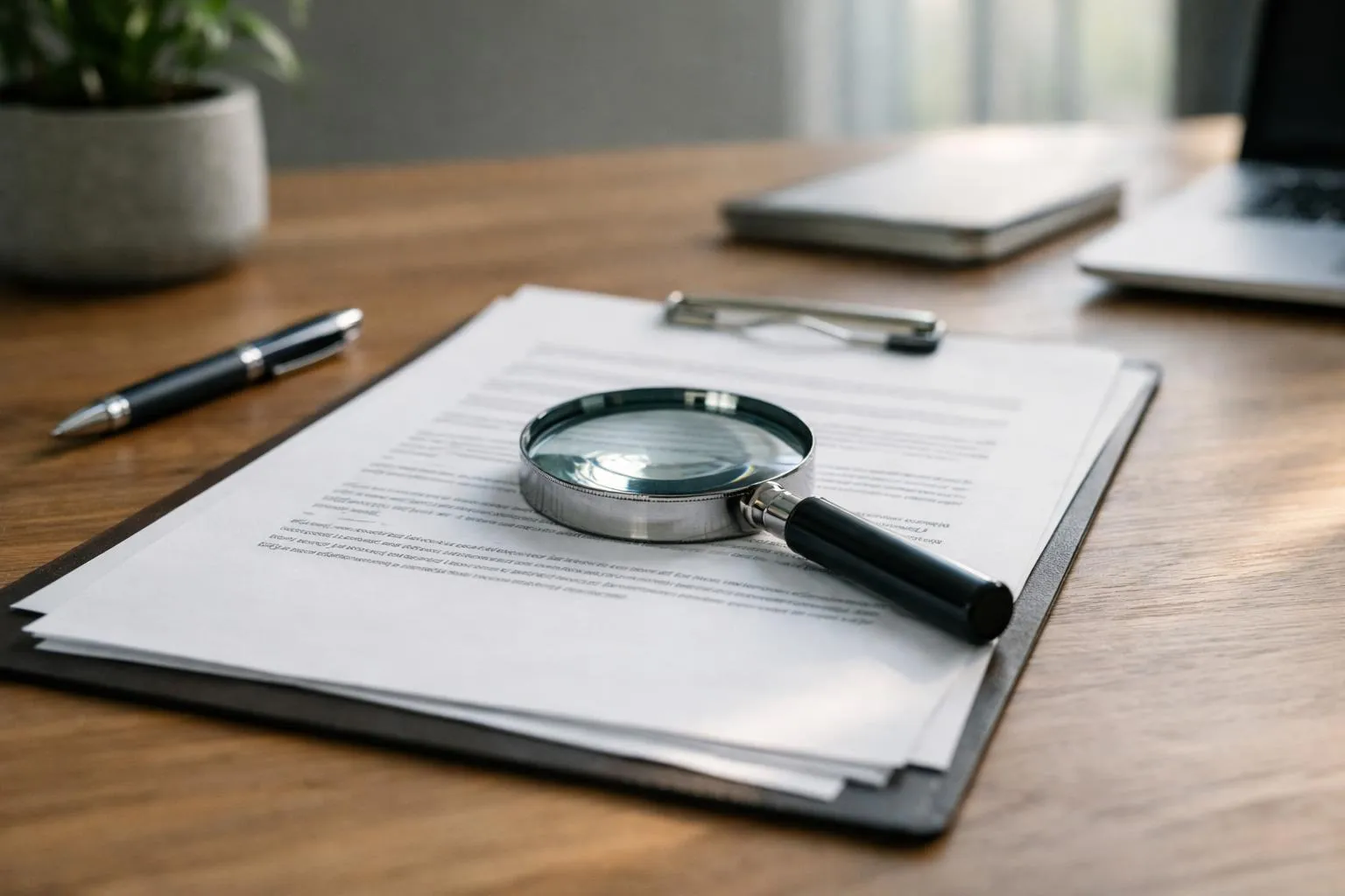 Professionnel RP perplexe devant un contrat avec une loupe révélant des petits caractères cachés, dans un bureau moderne éclairé naturellement, style photographie cinématographique réaliste