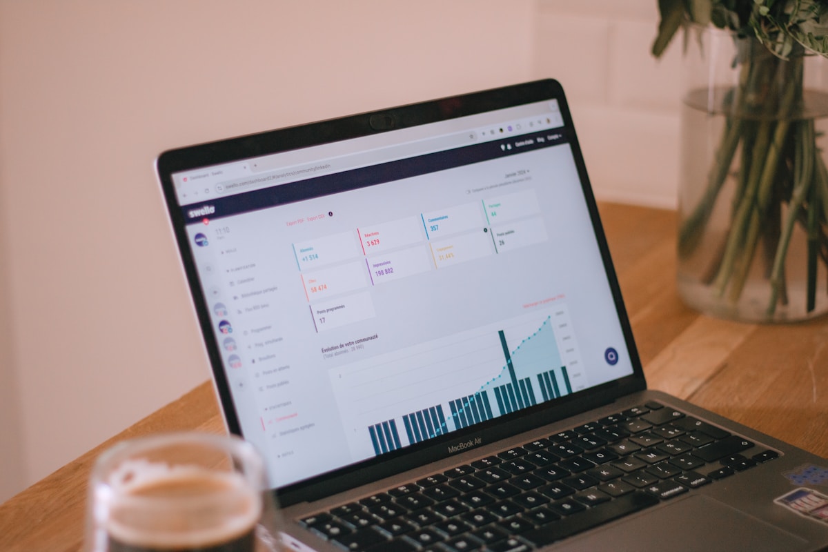 Ordinateur portable ouvert avec un graphique financier à l'écran, sur un bureau en bois avec une tasse de café.