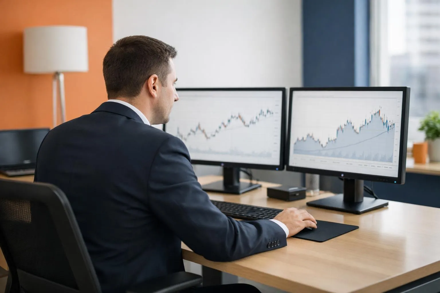 Marketing professional analyzing tiered pricing charts on dual monitors in modern office setting with dashboard displaying media monitoring cost segments, corporate workspace environment, natural lighting, professional business atmosphere