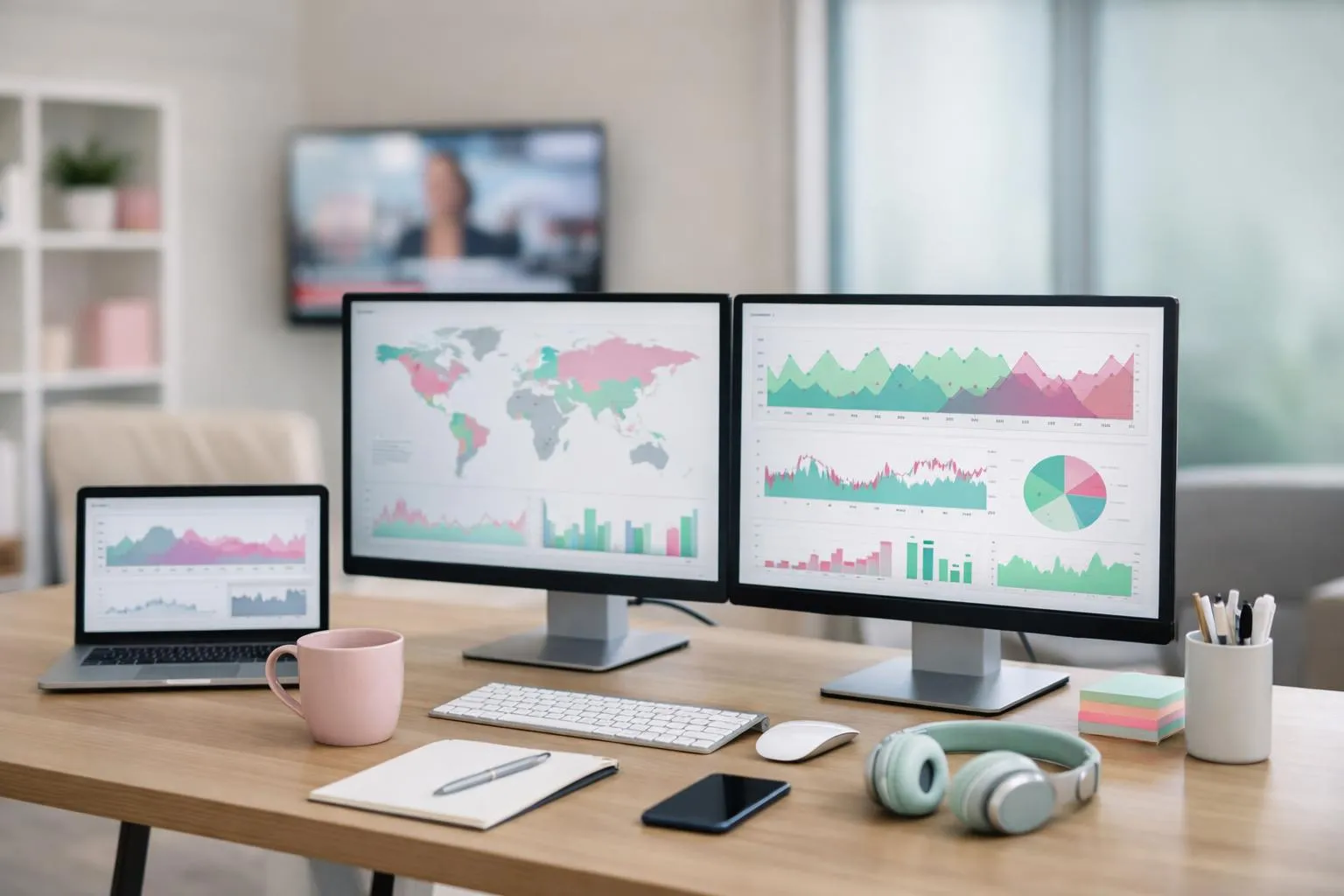 Dashboard screens displaying different tiers of media monitoring systems with varying complexity levels, showing multiple data feeds, analytics graphs and coverage zones expanding from local to global, representing price variation factors in media intelligence platforms
