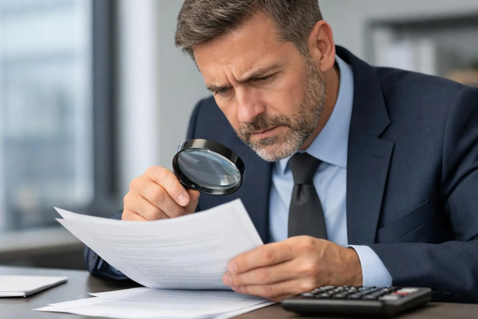 Business professional in modern office examining contract documents with magnifying glass, showing hidden fees and fine print details, with concerned expression and calculator nearby, professional lighting, realistic corporate setting, no text or numbers visible in image
