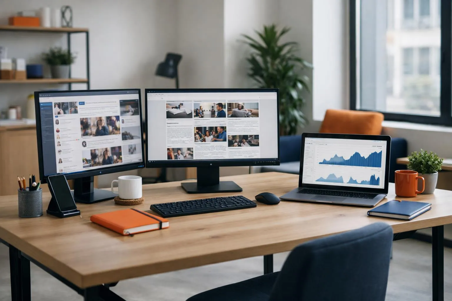 Un professionnel du marketing moderne assis à un bureau avec plusieurs écrans numériques affichant des flux de médias sociaux, des articles d'actualité et des tableaux de bord d'analyse, dans un environnement de bureau contemporain avec un éclairage naturel.