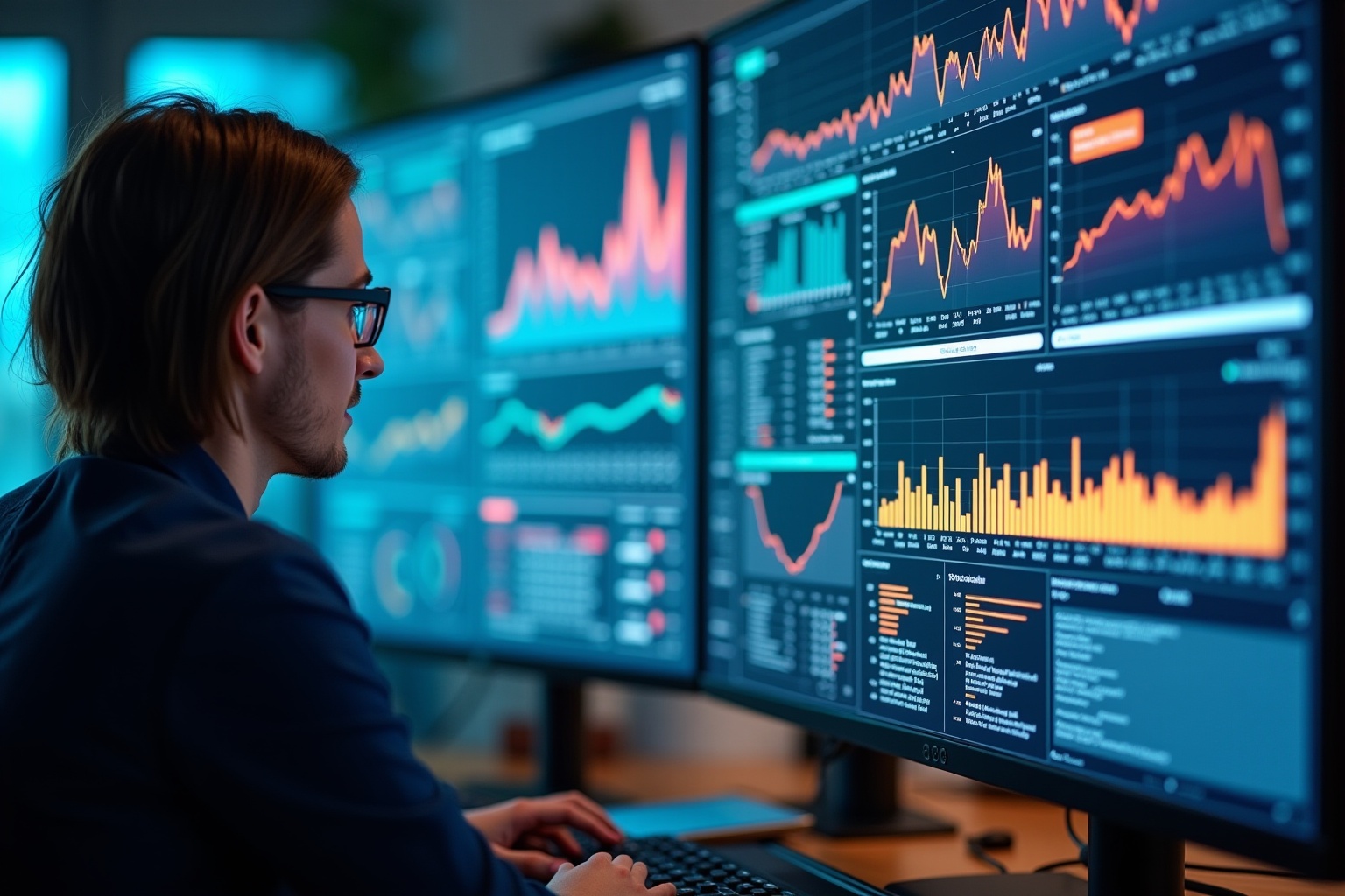 Homme analysant des graphiques boursiers sur plusieurs écrans d'ordinateur.