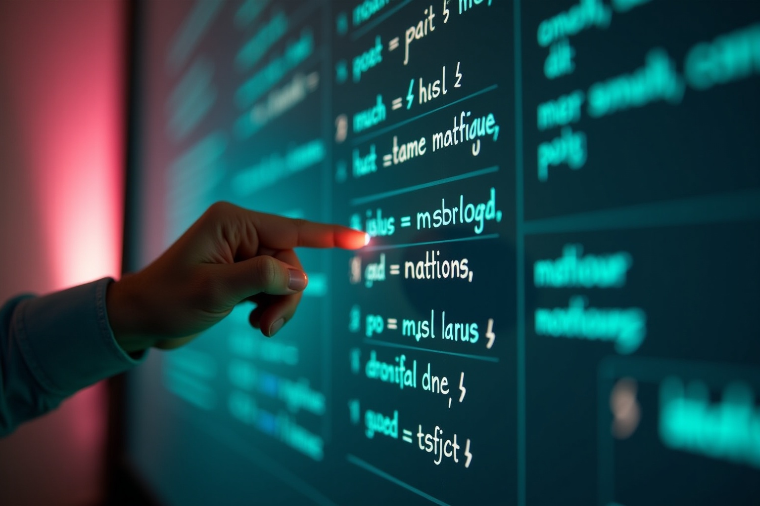 Tableau noir avec des formules mathématiques et une main pointant.