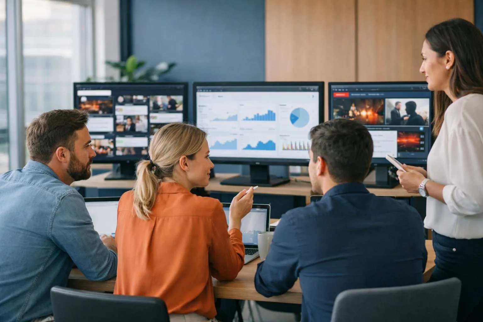 Marketing team members in a modern office reviewing multiple digital dashboards and screens displaying social media feeds, news alerts, and analytics charts, professional business environment with laptops and monitors showing real-time media monitoring data streams