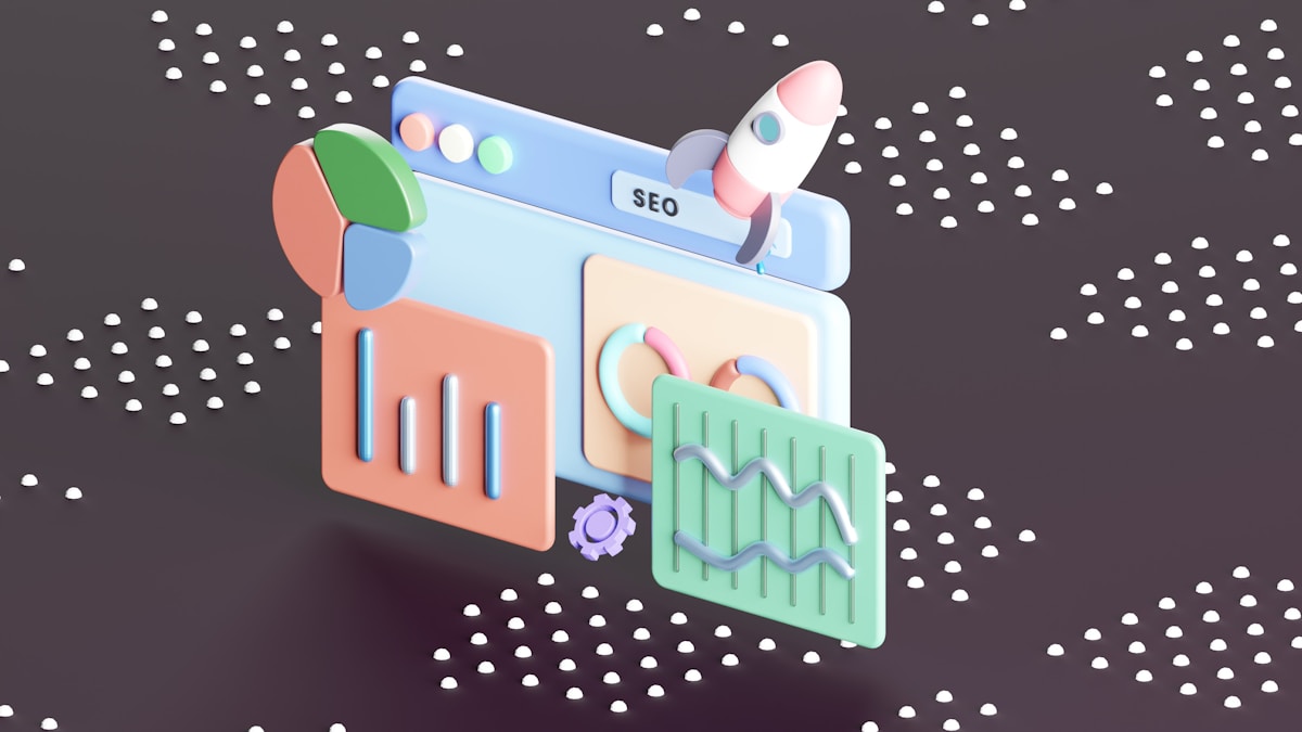 Éléments graphiques colorés représentant des outils d'optimisation du référencement web.