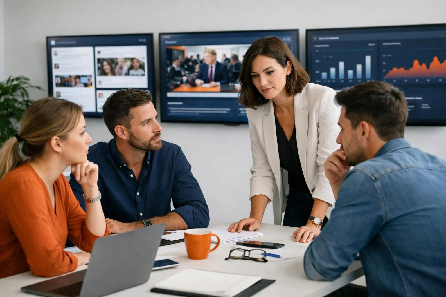 Réunion d'équipe dans un bureau moderne avec écrans d'ordinateur.