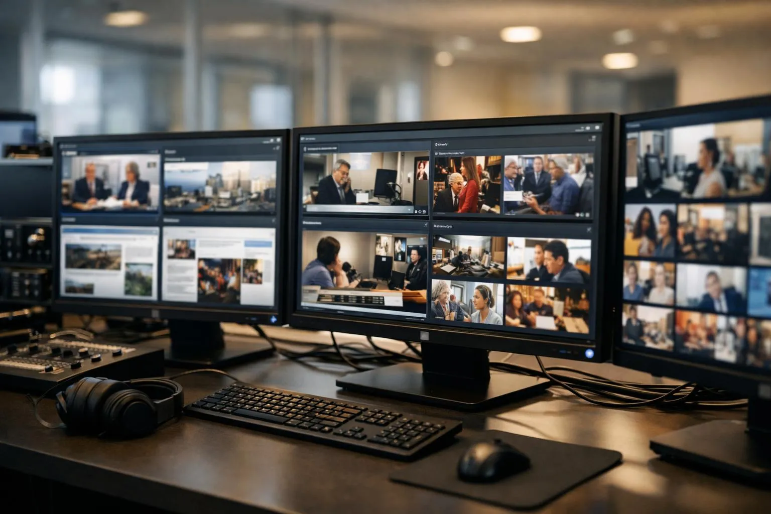 Poste de travail avec plusieurs écrans d'ordinateur affichant des images de personnes en réunion.