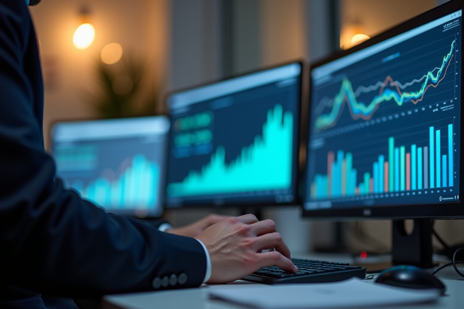Trader analysant des graphiques boursiers sur plusieurs écrans.