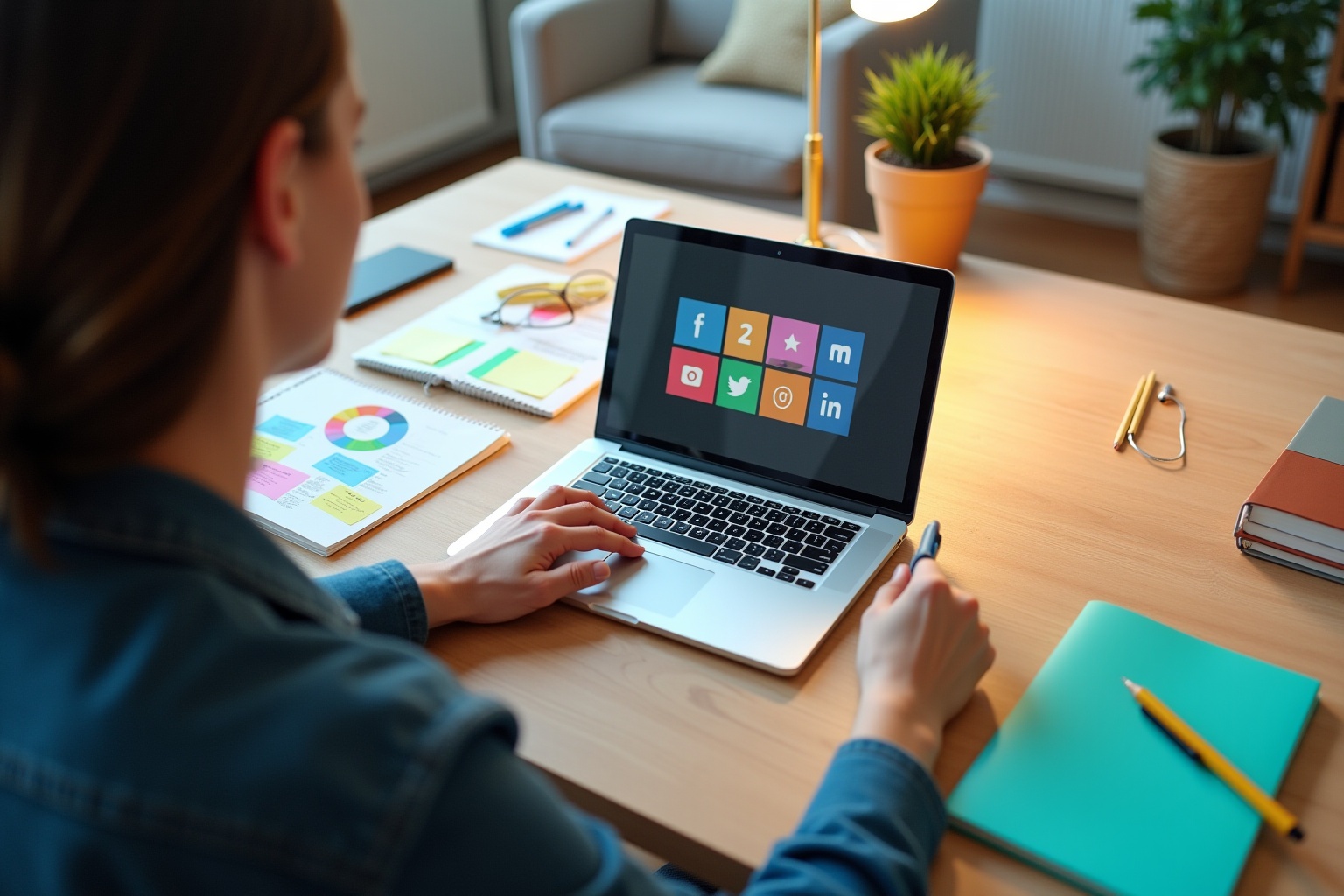 Personne utilisant un ordinateur portable avec des icônes de médias sociaux à l'écran, entouré de documents et de fournitures de bureau.