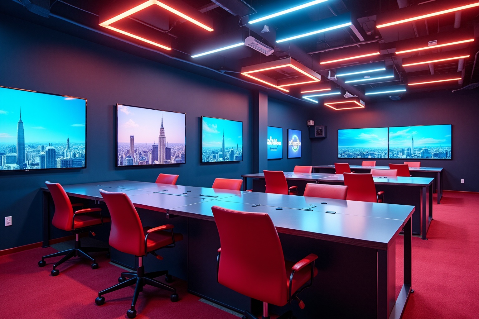 Salle de réunion moderne avec écrans muraux et éclairage néon.