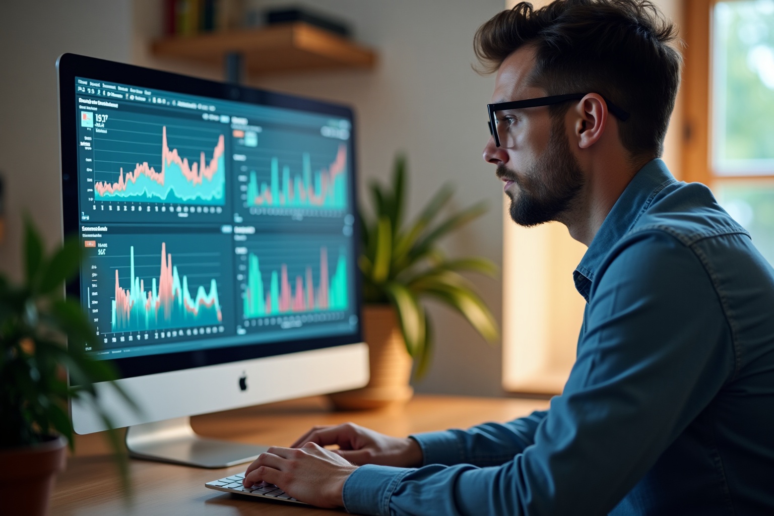 Homme concentré analysant des graphiques financiers sur ordinateur.