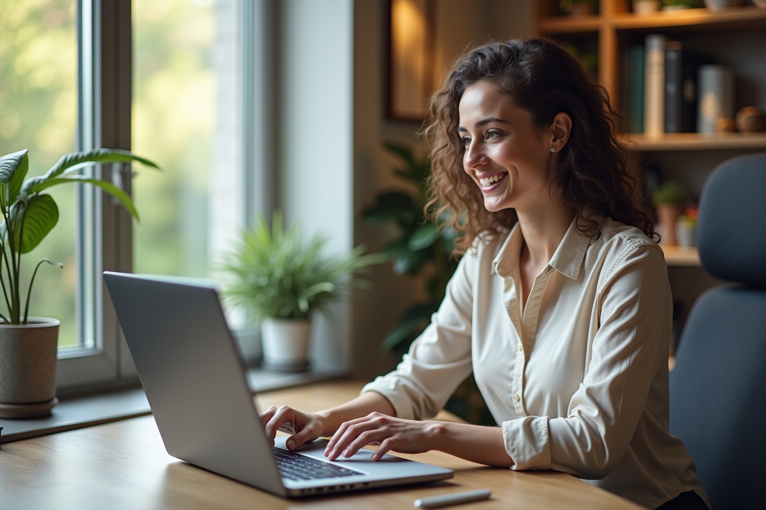 Femme souriante travaillant sur un ordinateur portable dans un bureau lumineux.