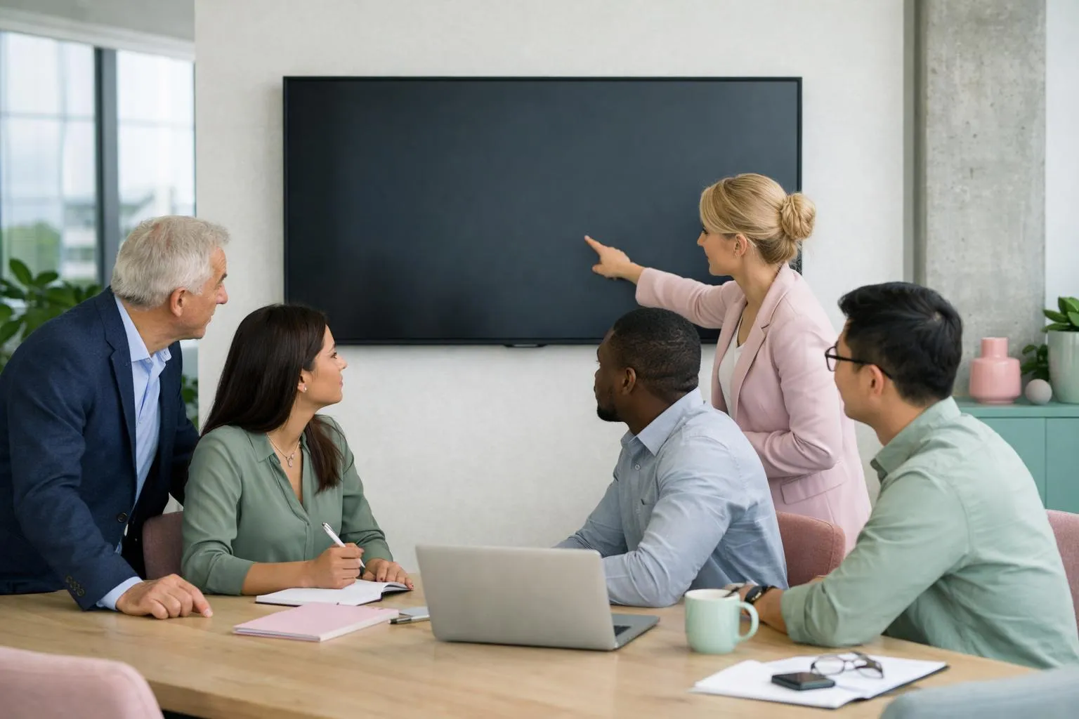 Réunion d'équipe dans un bureau moderne avec écran de présentation.