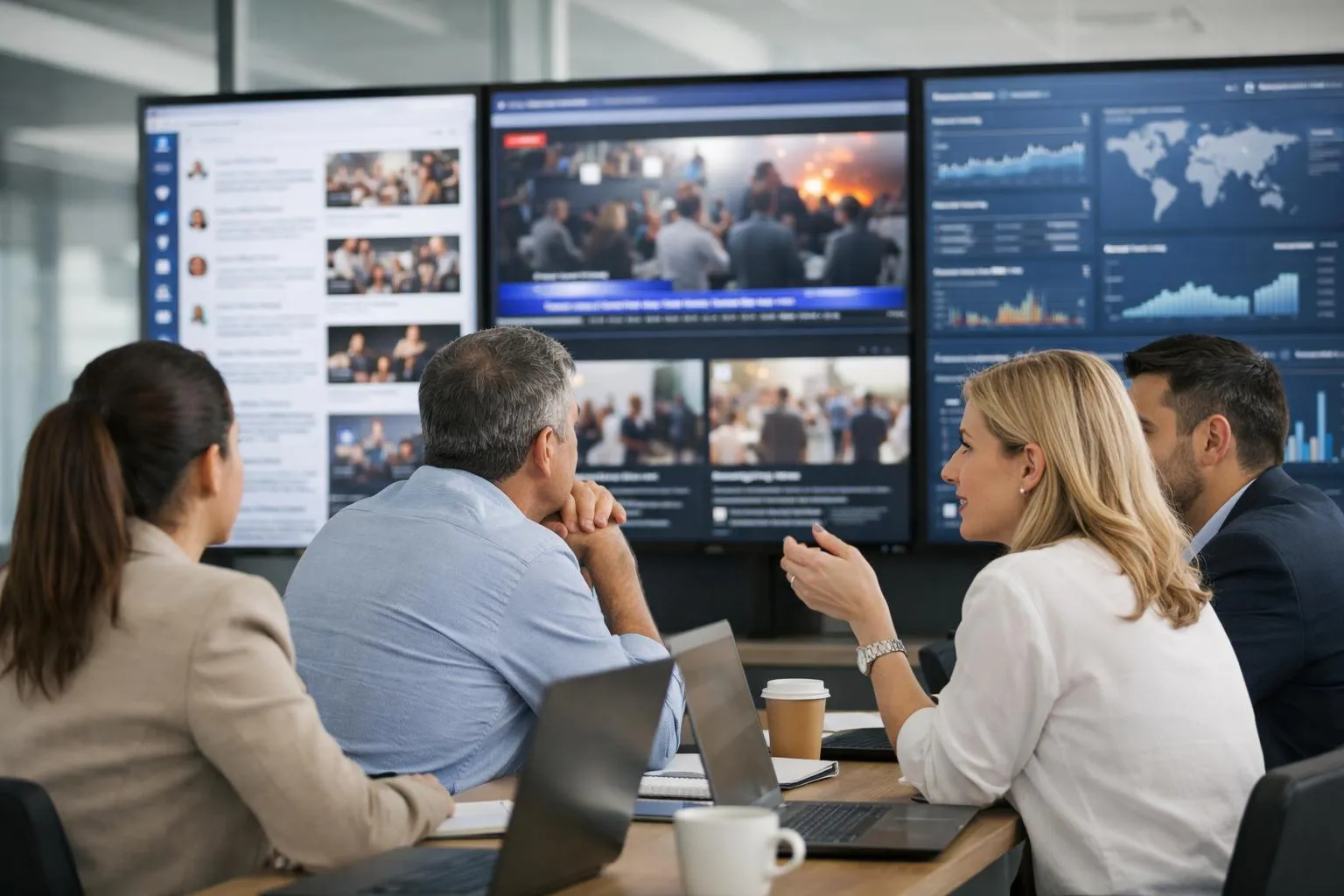 Équipe de professionnels analysant des données sur des écrans dans un bureau.