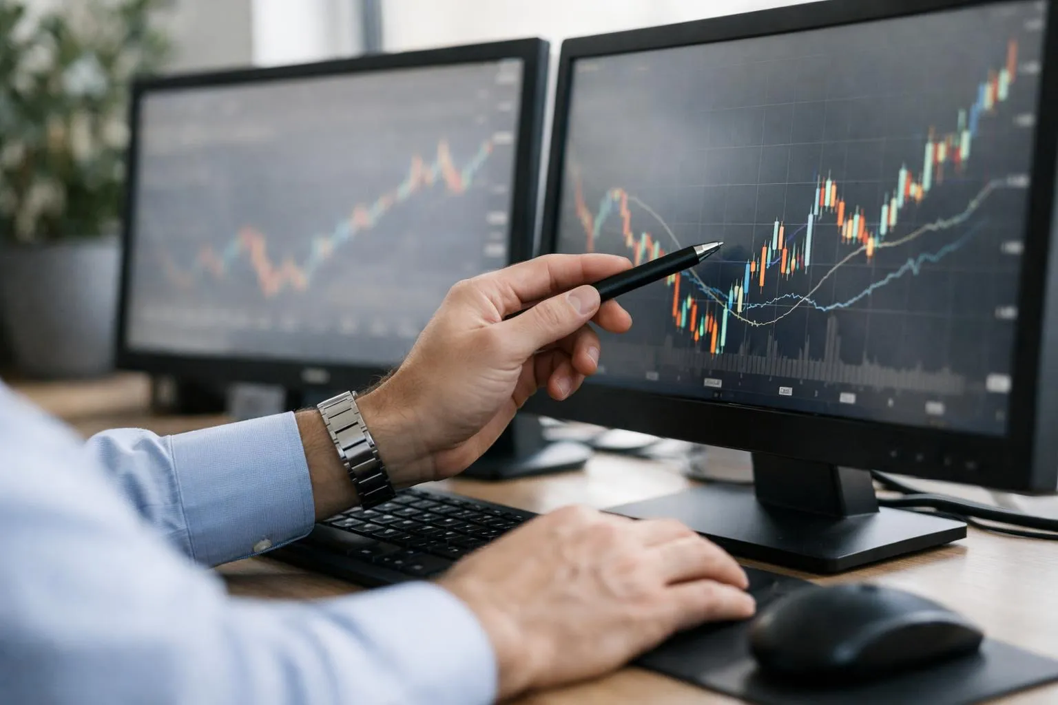 Analyseur financier examinant des graphiques boursiers sur plusieurs écrans.