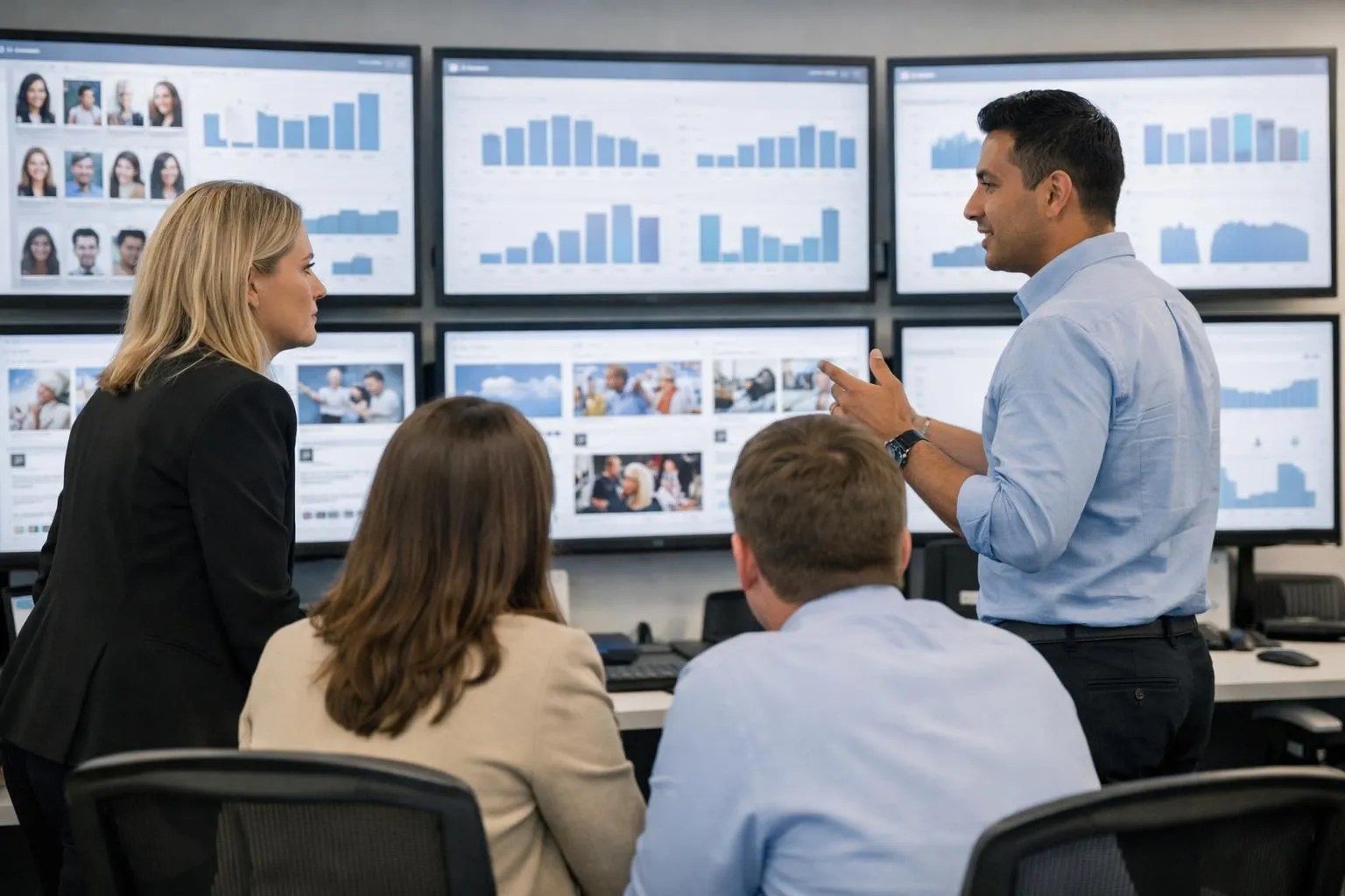 Réunion d'équipe analysant des données statistiques sur écrans.
