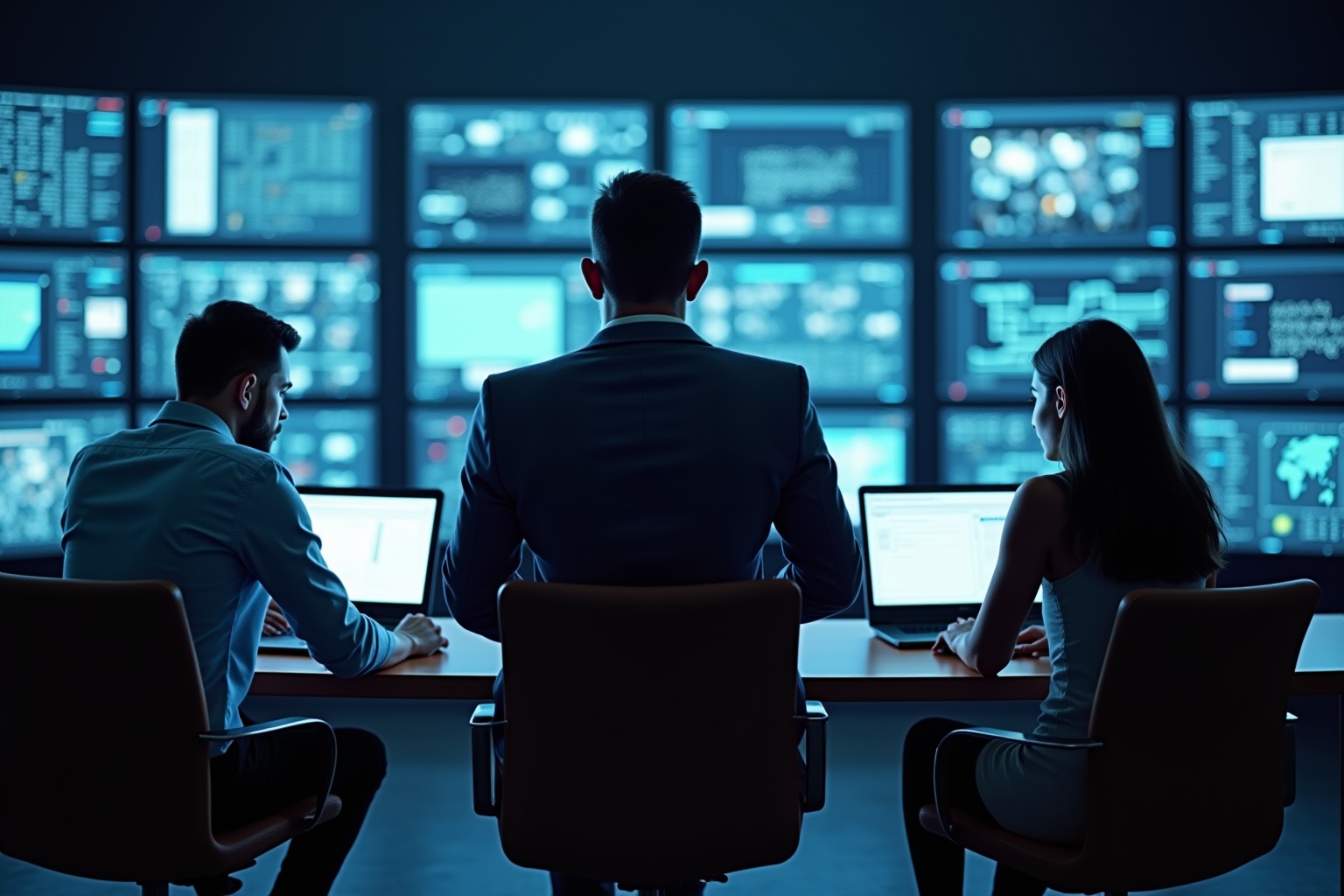 Équipe de sécurité informatique travaillant dans une salle de contrôle.