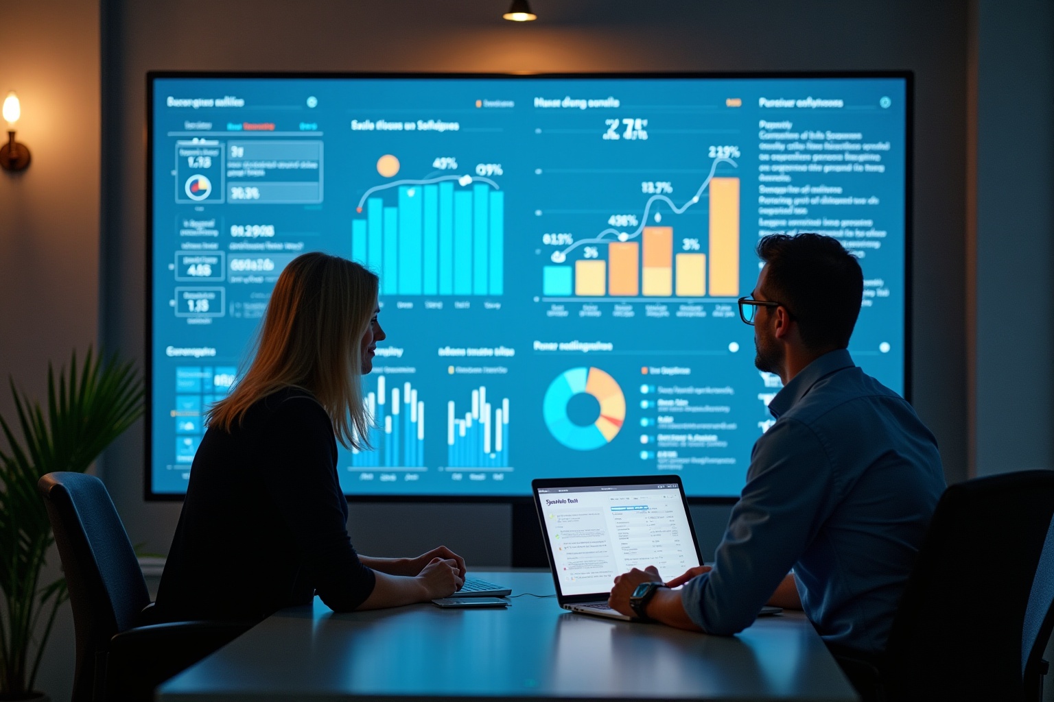 Deux personnes analysant des données et des graphiques sur un grand écran.