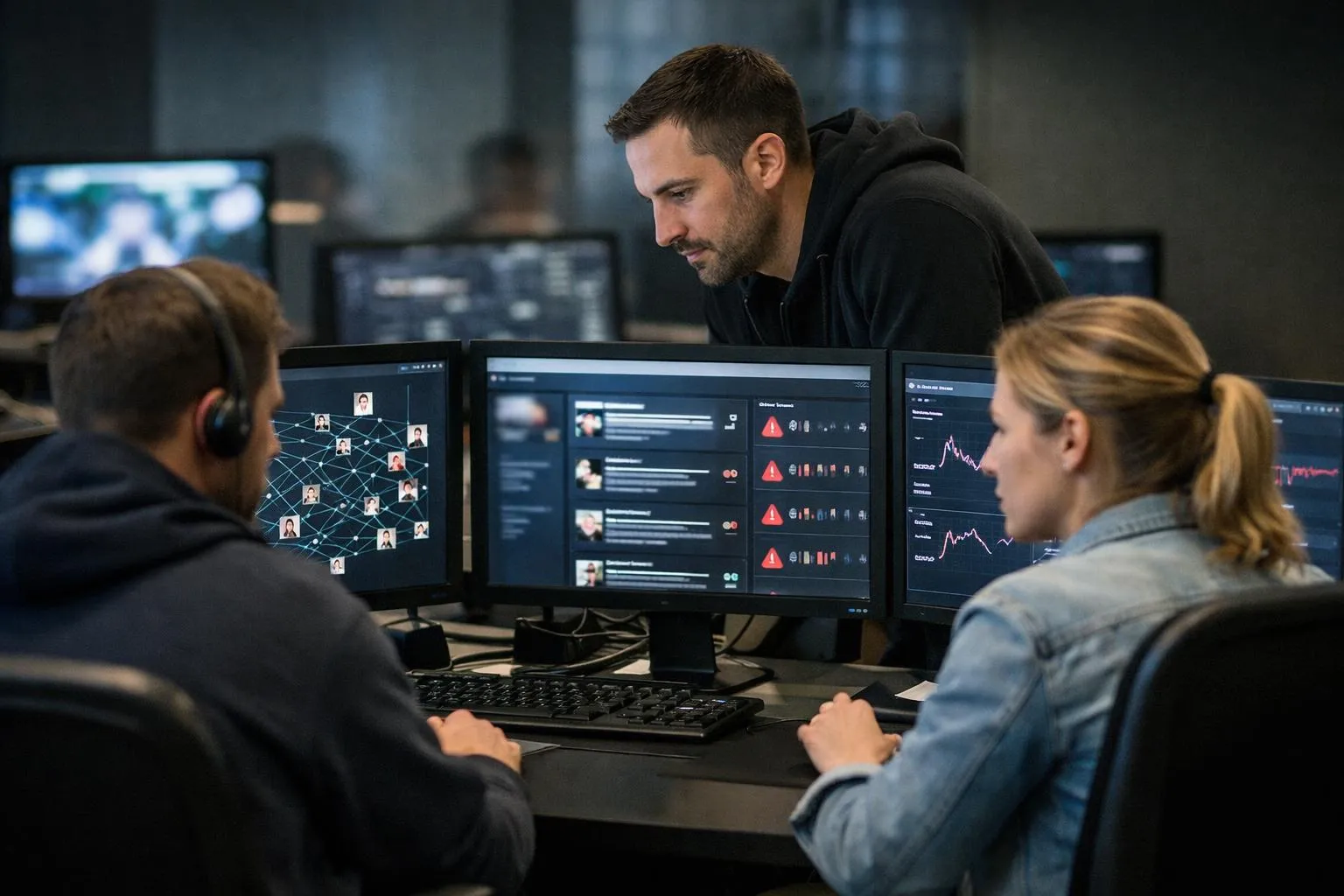 Équipe de cybersécurité analysant des données sur plusieurs écrans d'ordinateur.