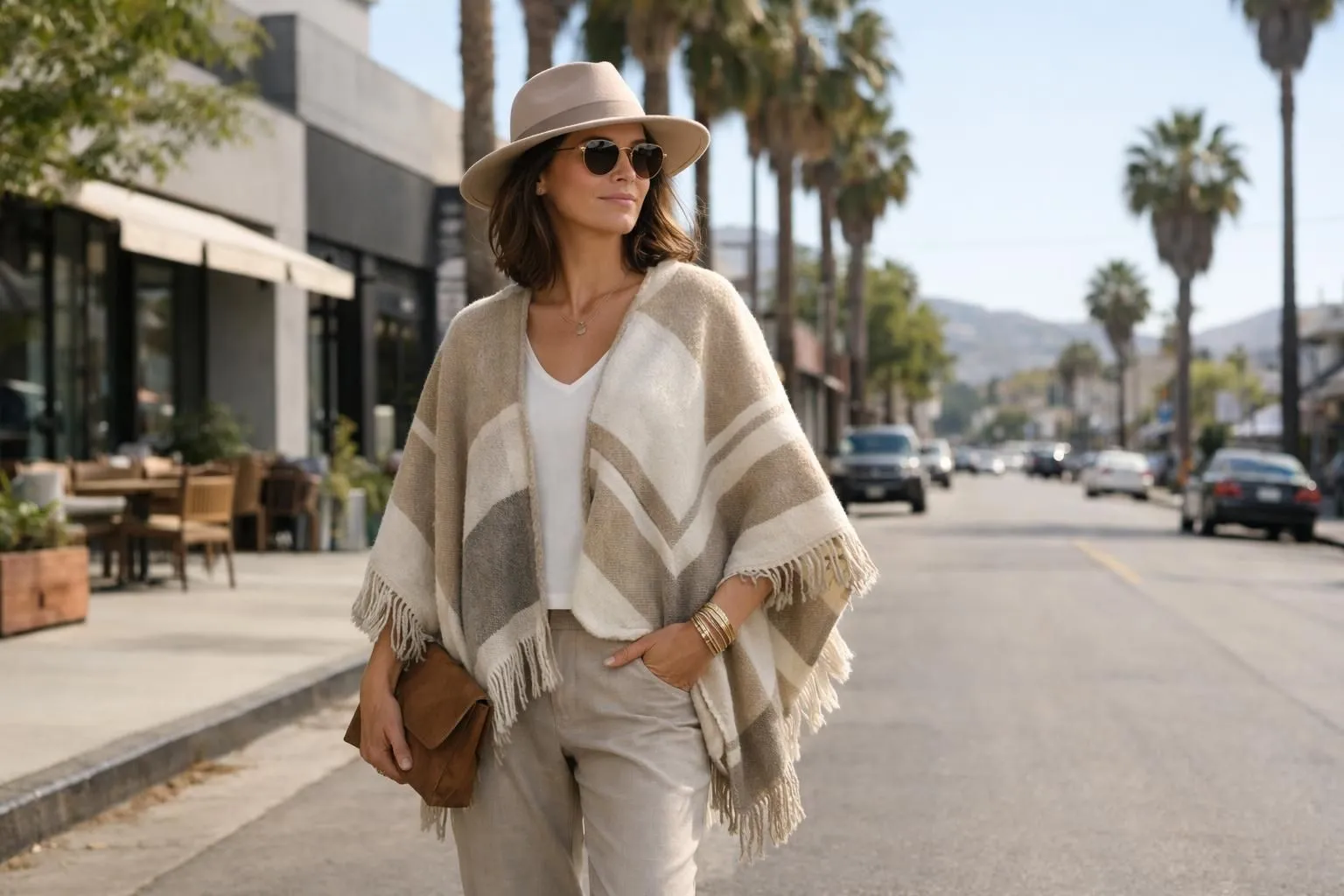 Modern woman wearing elegant poncho in urban Californian setting, natural sunlight, relaxed confident posture, contemporary fashion styling with bohemian touch, outdoor lifestyle scene, warm earthy tones