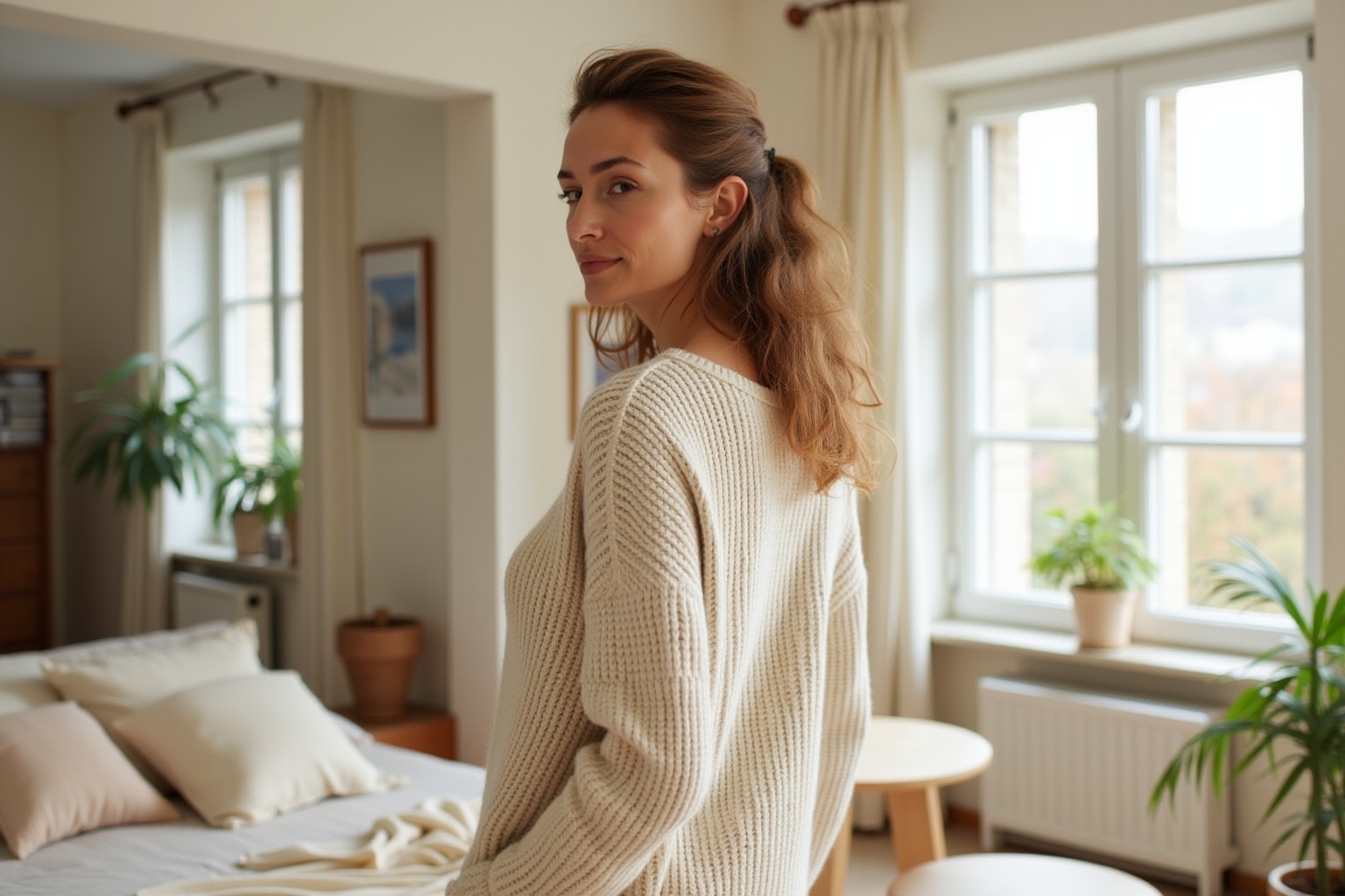 Femme aux cheveux longs vêtue d'un pull en maille blanche dans un intérieur cosy.