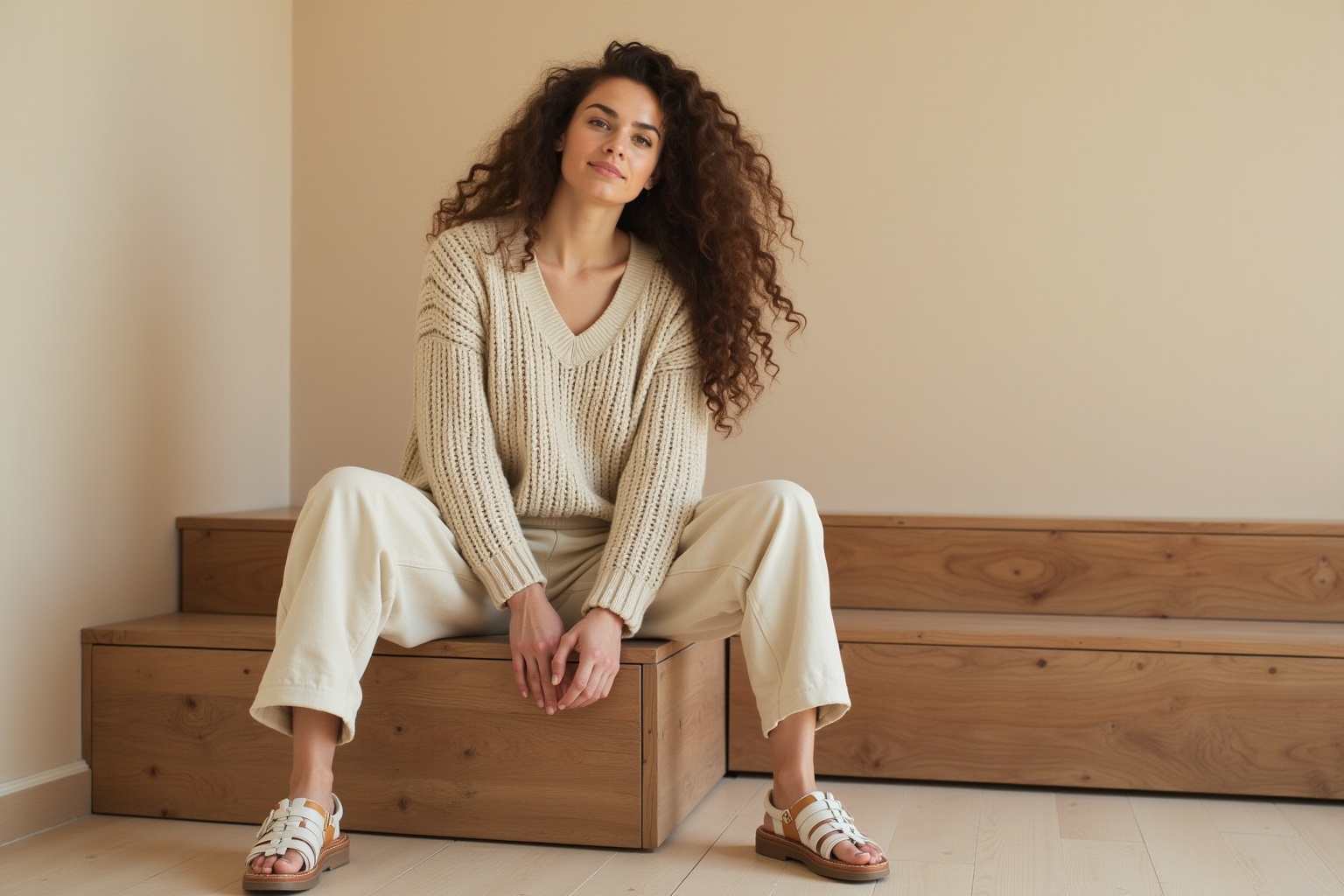 Jeune femme aux cheveux bouclés, vêtue d'un pull beige, assise sur un banc en bois.
