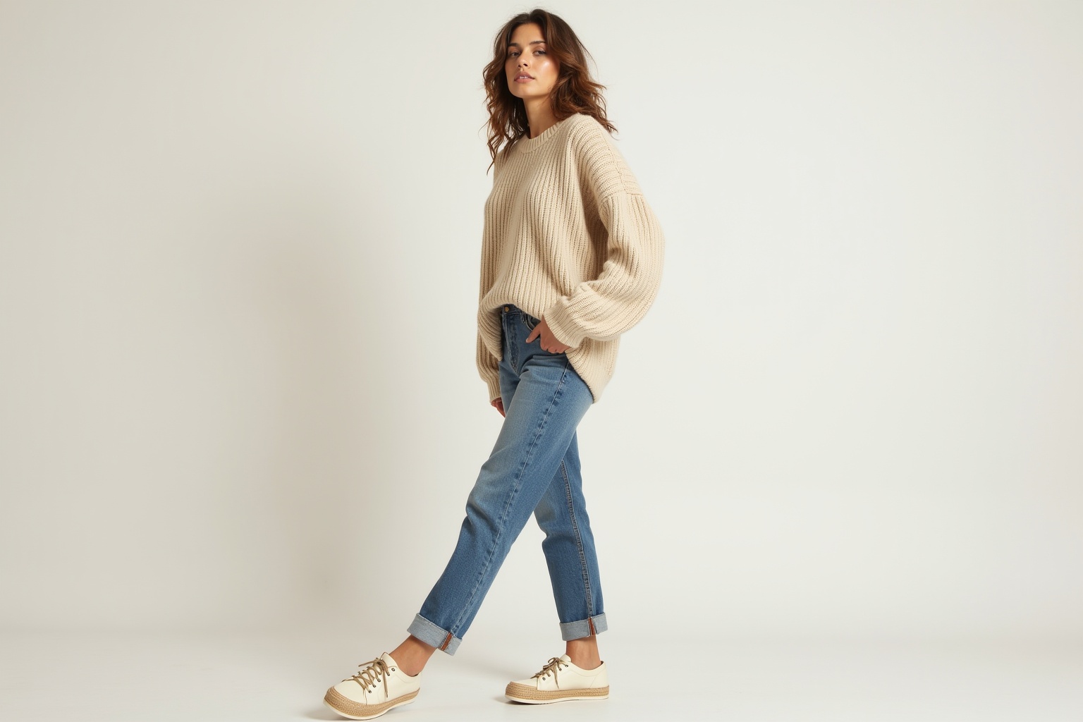 Femme portant un pull beige ample et un jean décontracté.