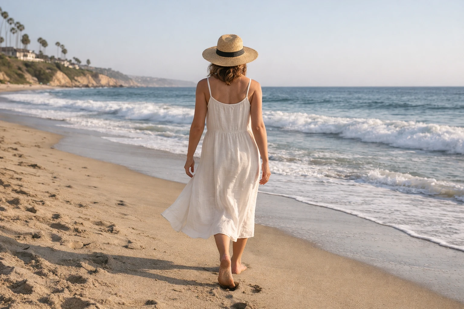 Woman walking on a sun-drenched California beach wearing flowing linen dress and straw hat, barefoot on sand, golden hour lighting, relaxed silhouette, natural beige and white tones, ocean waves in background, embodying effortless California fashion aesthetic